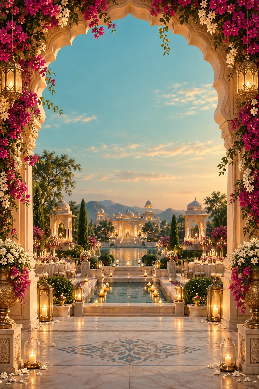 A wedding celebration surrounded by flowers and warm light