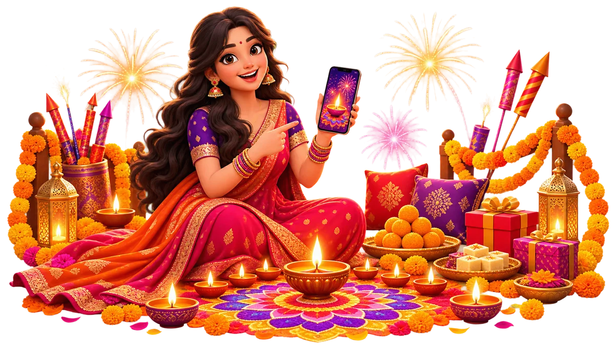 Diwali card with a character, glowing diyas, rangoli and fireworks