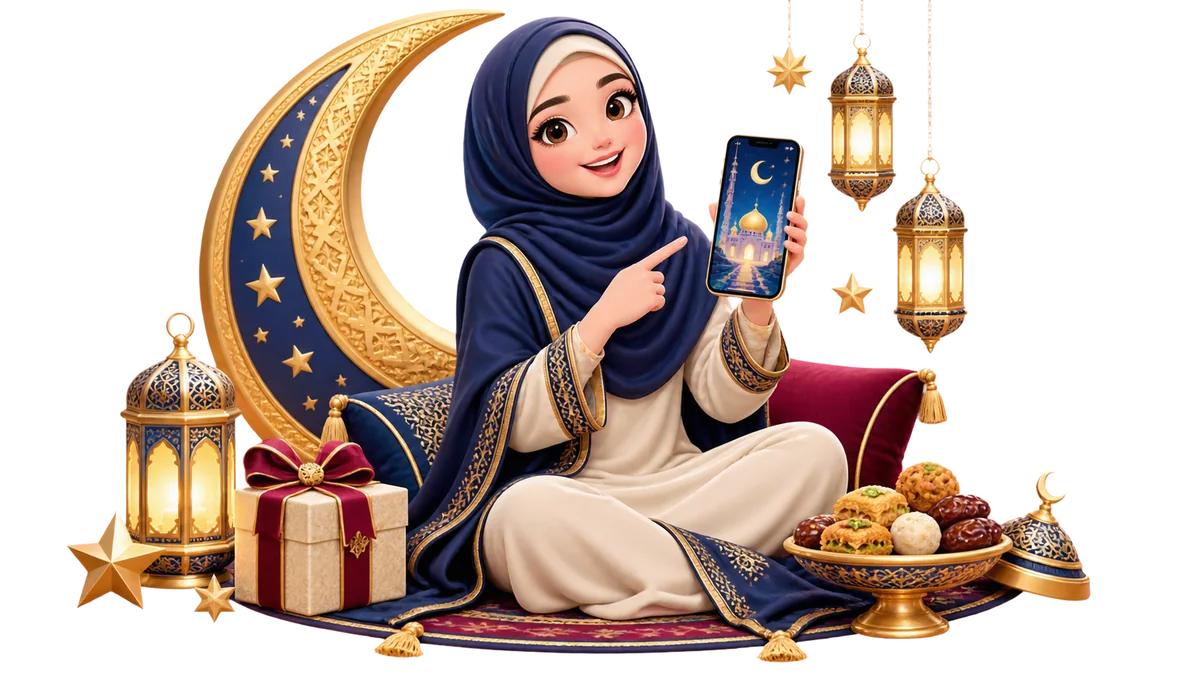 Eid Mubarak card with a character, crescent moon, mosque and lanterns