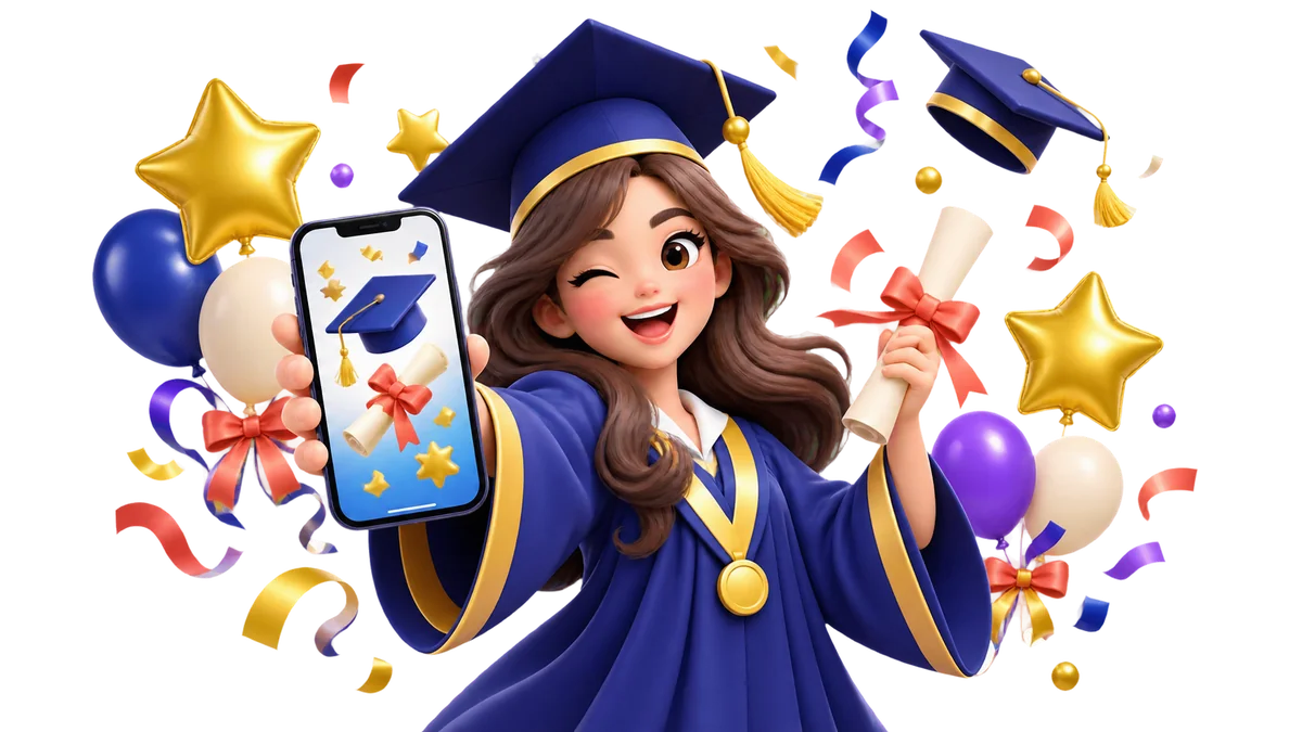 Graduation card with a graduate, diploma, cap and phone greeting