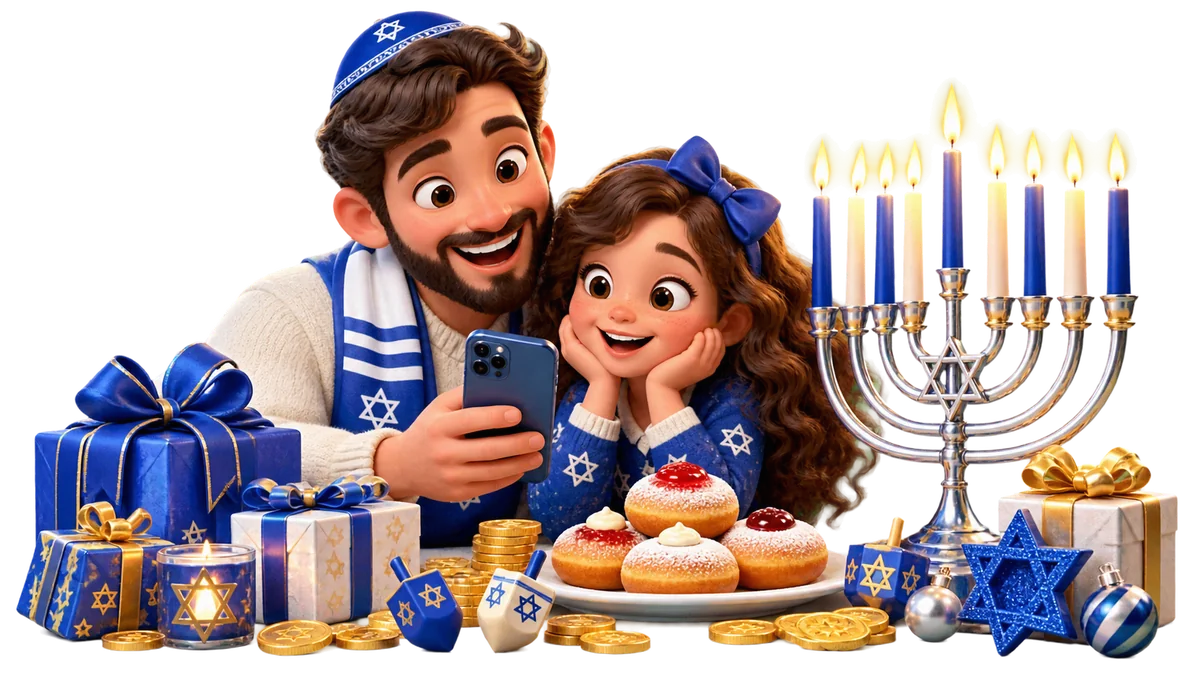 Hanukkah greeting with a family, menorah, dreidel and warm lights