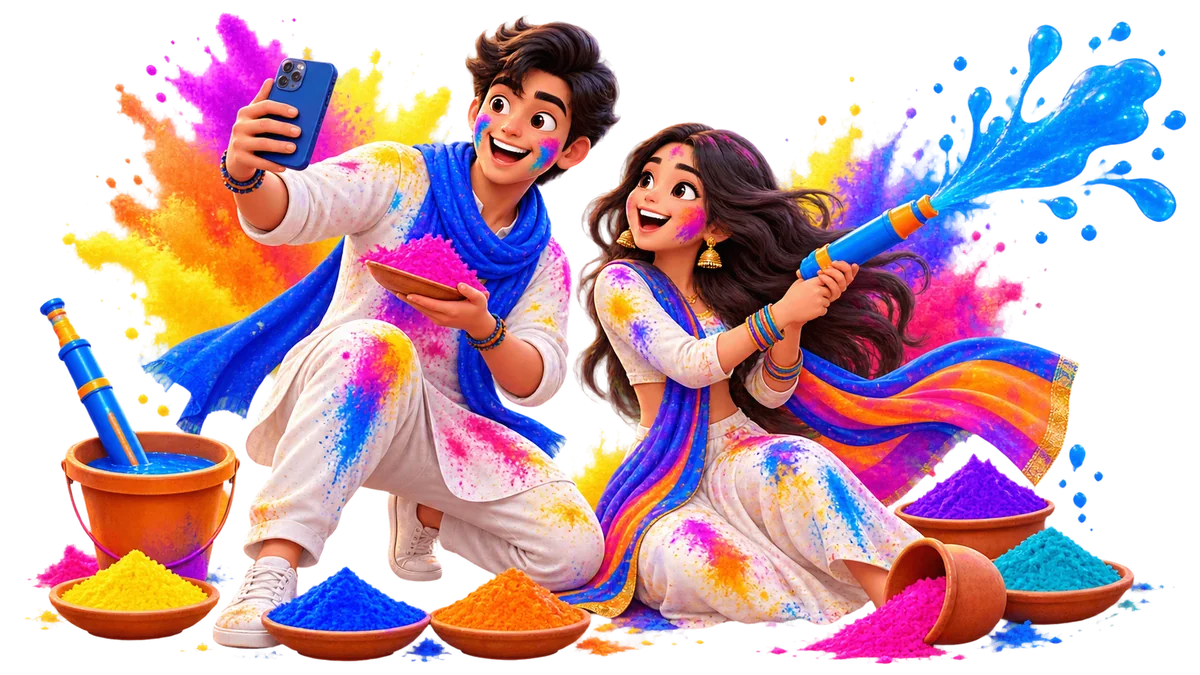 Holi greeting card with joyful characters and colourful powder