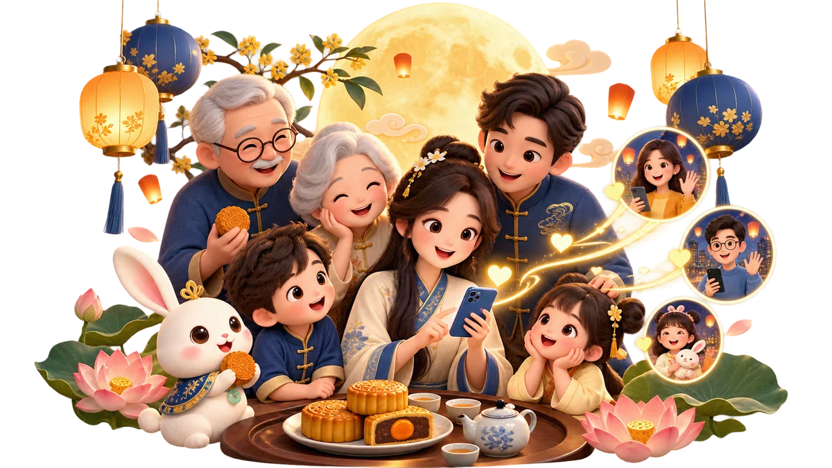 Mid-Autumn Festival card with family, full moon, rabbit and mooncakes