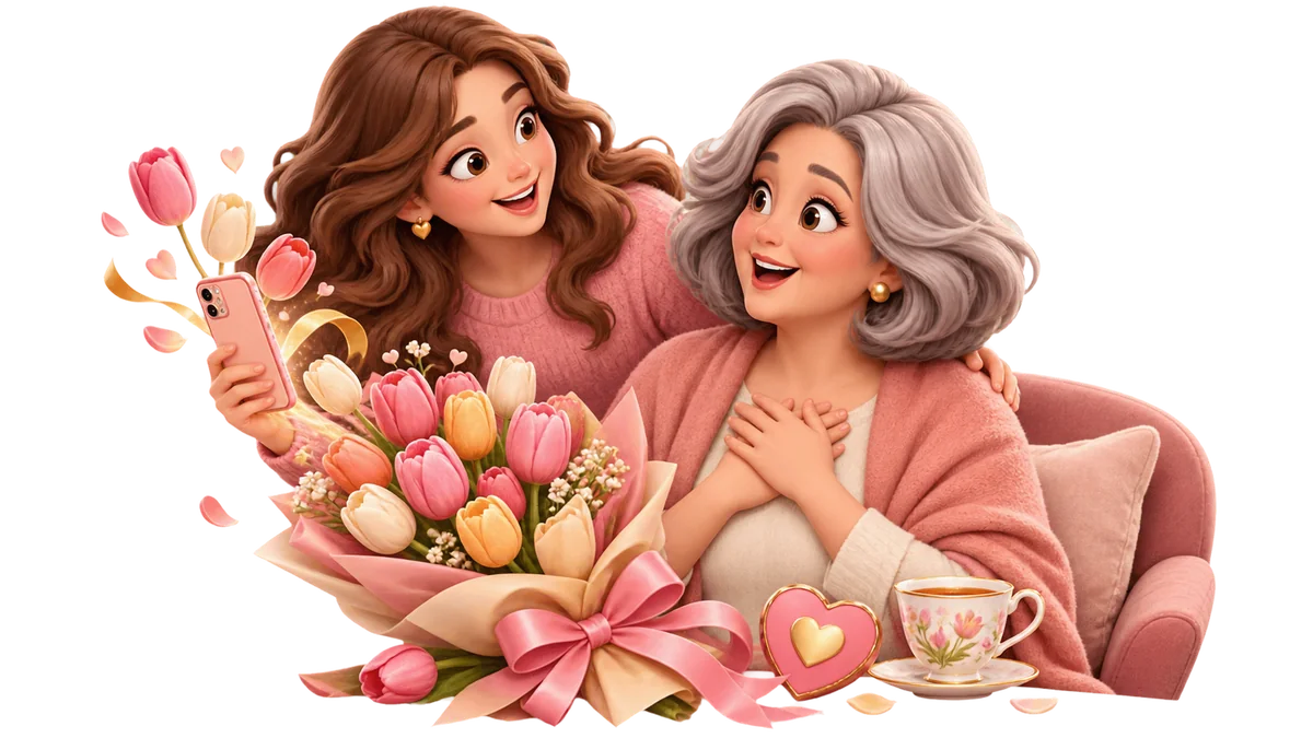 Mother's Day card with a mother, child, flowers and a phone greeting