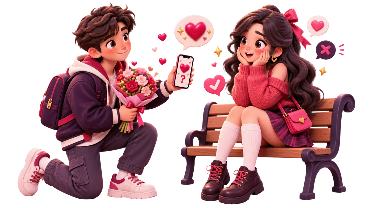 Romantic proposal link with a couple, ring and glowing heart message