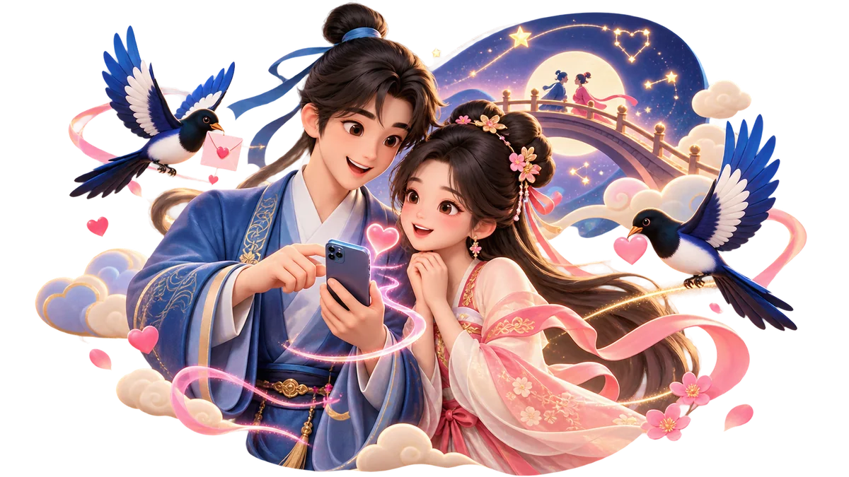 Qixi Festival love card with a couple, magpies and a bridge of stars